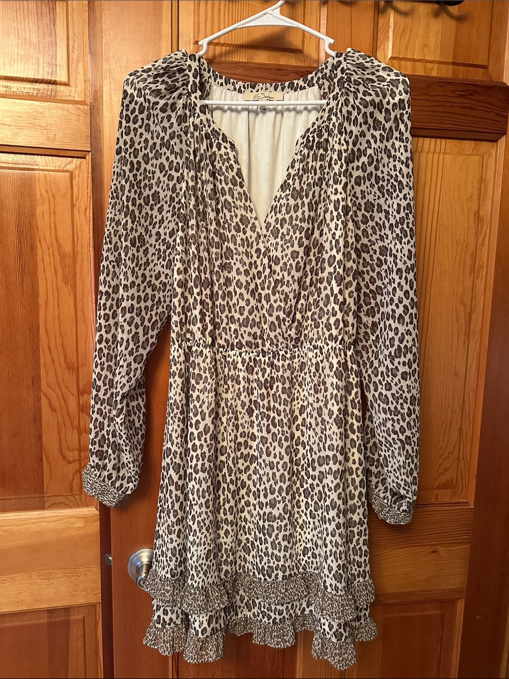 Leopard Print Long Sleeve Tiered Mini Dress - Beige/Black